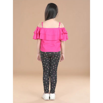 Generic Girl's Cotton Floral Elasticated Jegging and Top Set (Pink)
