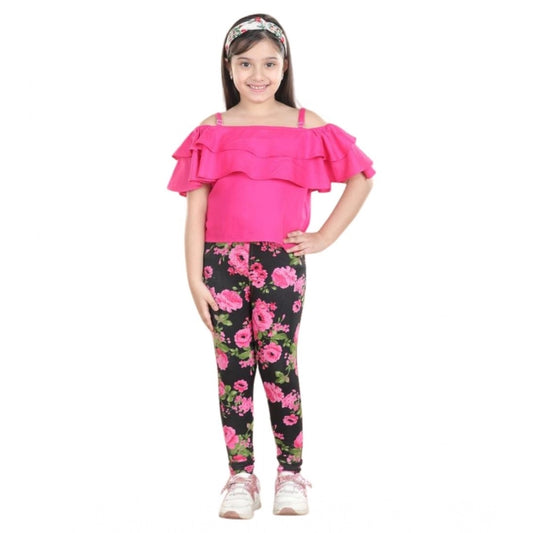 Generic Girl's Cotton Floral Elasticated Jegging and Top Set (Black-Pink)