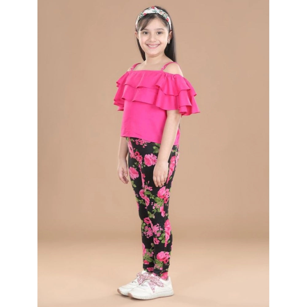 Generic Girl's Cotton Floral Elasticated Jegging and Top Set (Black-Pink)