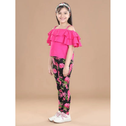 Generic Girl's Cotton Floral Elasticated Jegging and Top Set (Black-Pink)