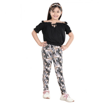 Generic Girl's Cotton Floral Elasticated Jegging and Top Set (Black)