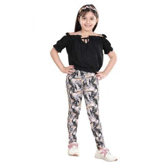 Generic Girl's Cotton Floral Elasticated Jegging and Top Set (Black)