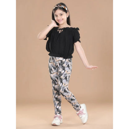 Generic Girl's Cotton Floral Elasticated Jegging and Top Set (Black)