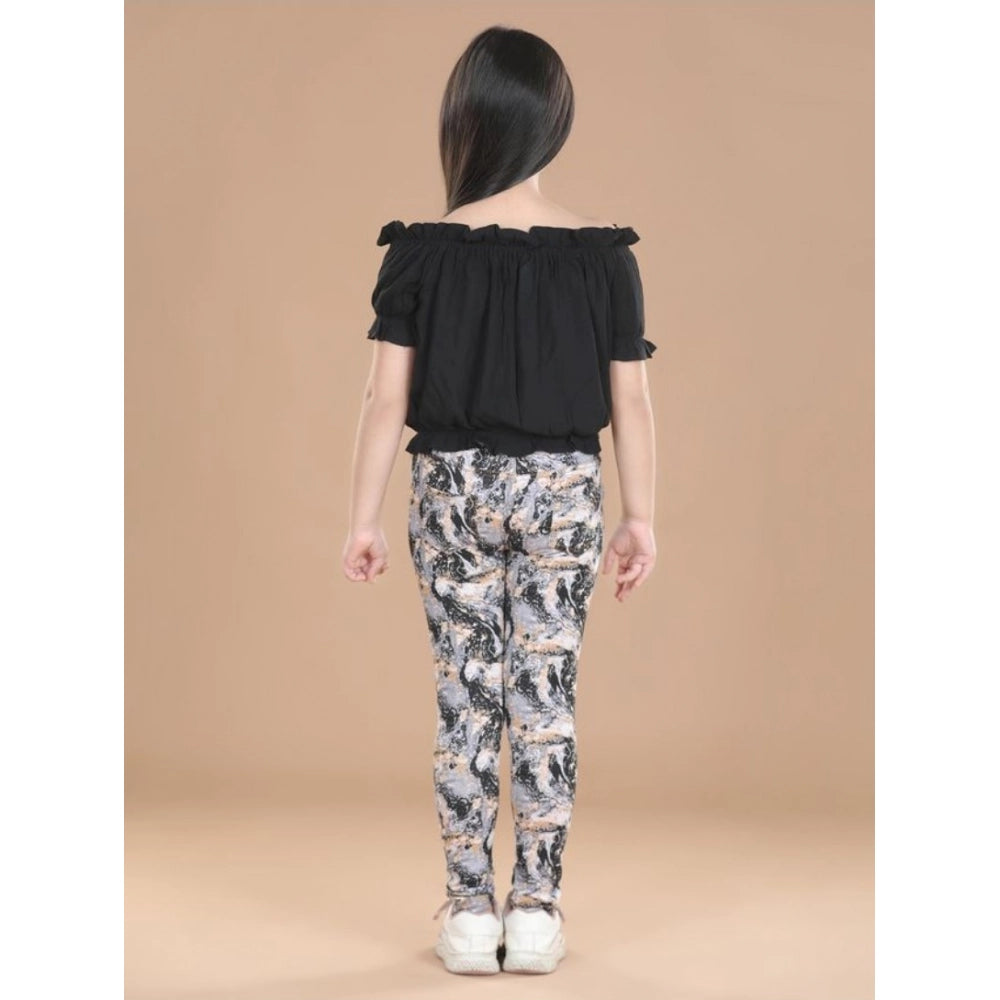Generic Girl's Cotton Floral Elasticated Jegging and Top Set (Black)