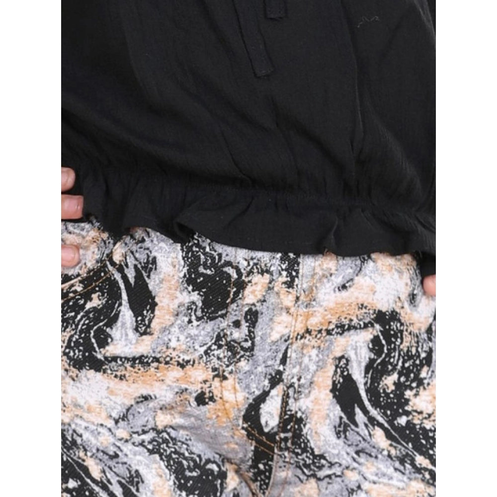 Generic Girl's Cotton Floral Elasticated Jegging and Top Set (Black)