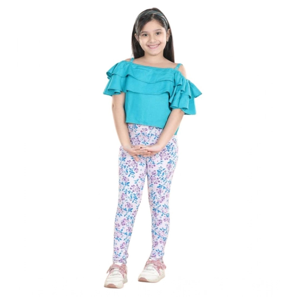 Generic Girl's Cotton Floral Elasticated Jegging and Top Set (Turquoise Blue)