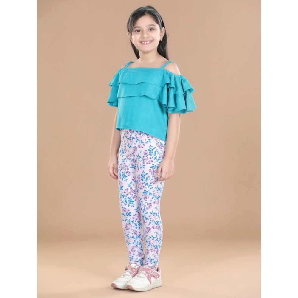 Generic Girl's Cotton Floral Elasticated Jegging and Top Set (Turquoise Blue)