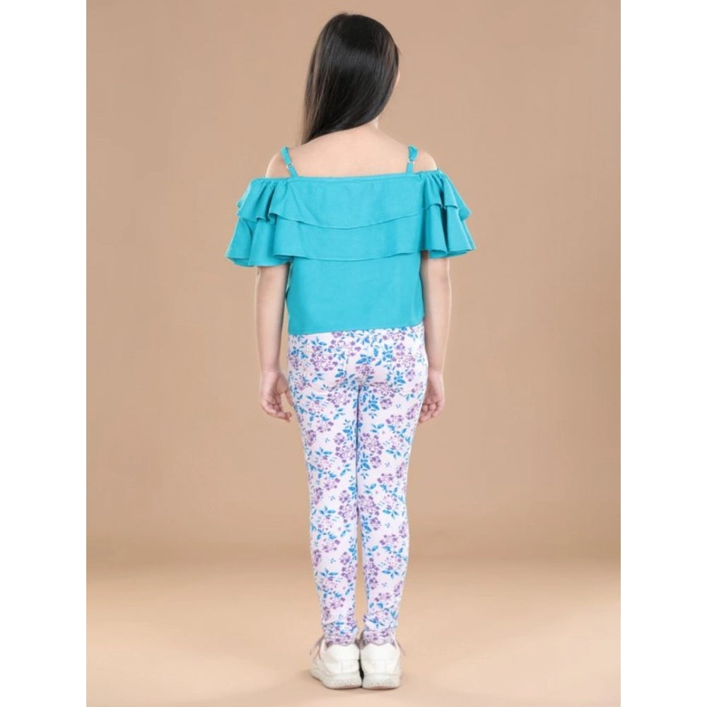Generic Girl's Cotton Floral Elasticated Jegging and Top Set (Turquoise Blue)