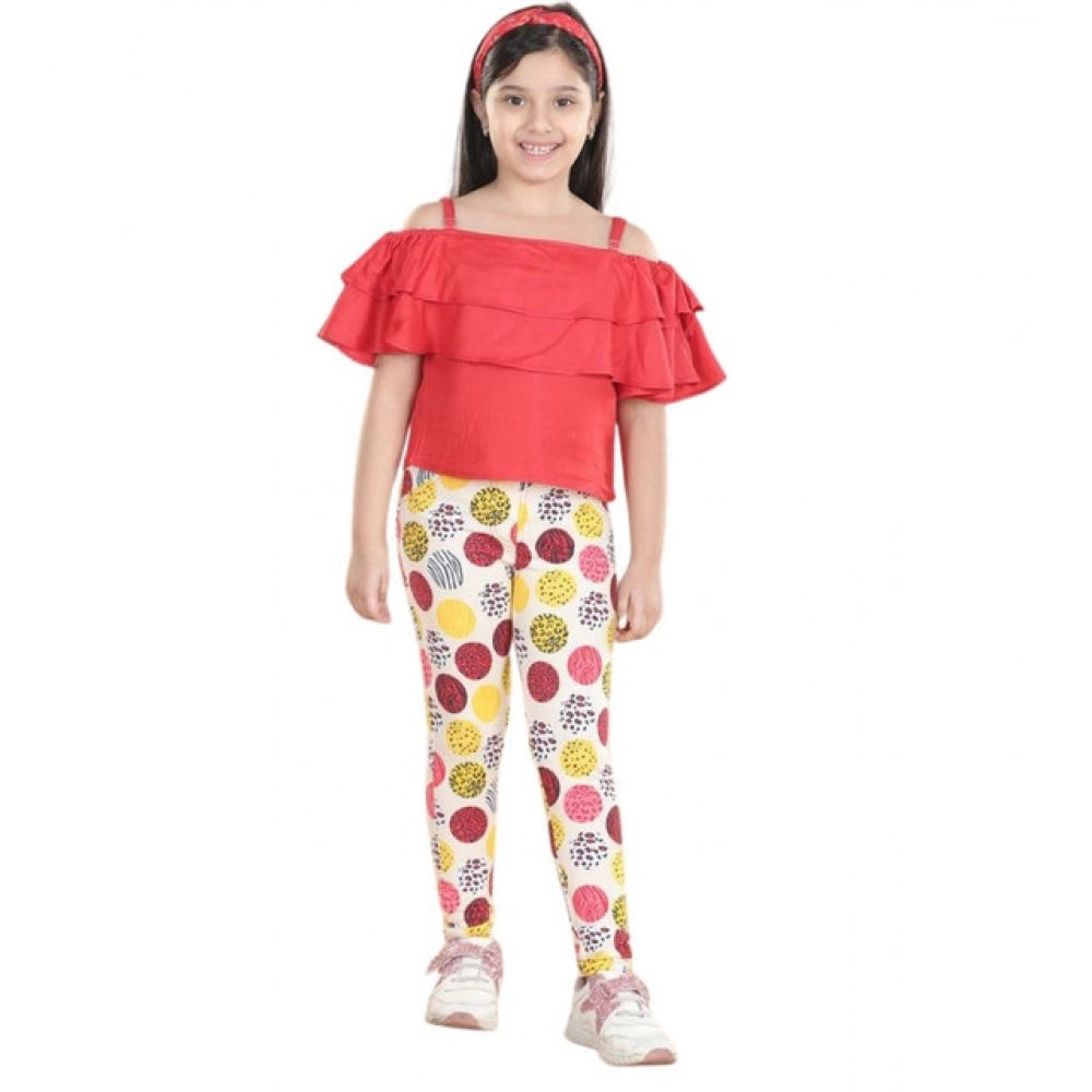Generic Girl's Cotton Floral Elasticated Jegging and Top Set (Red)