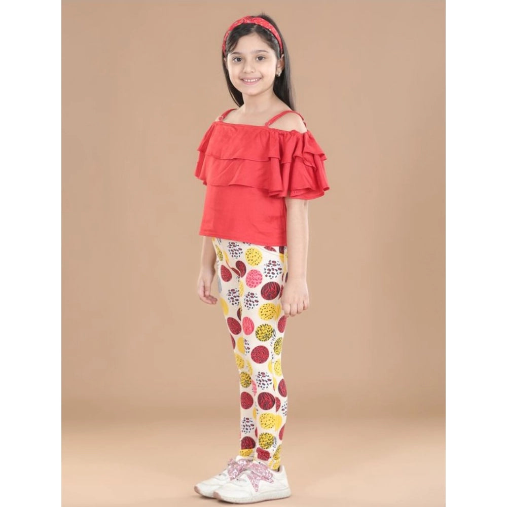 Generic Girl's Cotton Floral Elasticated Jegging and Top Set (Red)