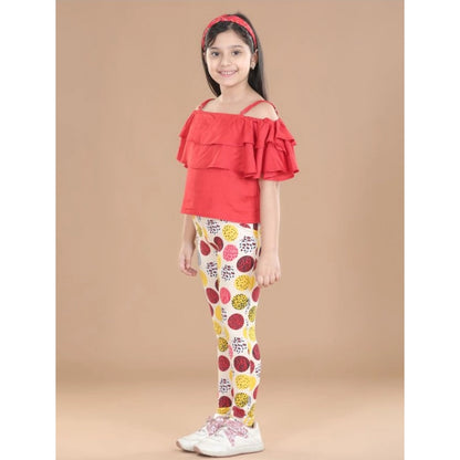 Generic Girl's Cotton Floral Elasticated Jegging and Top Set (Red)