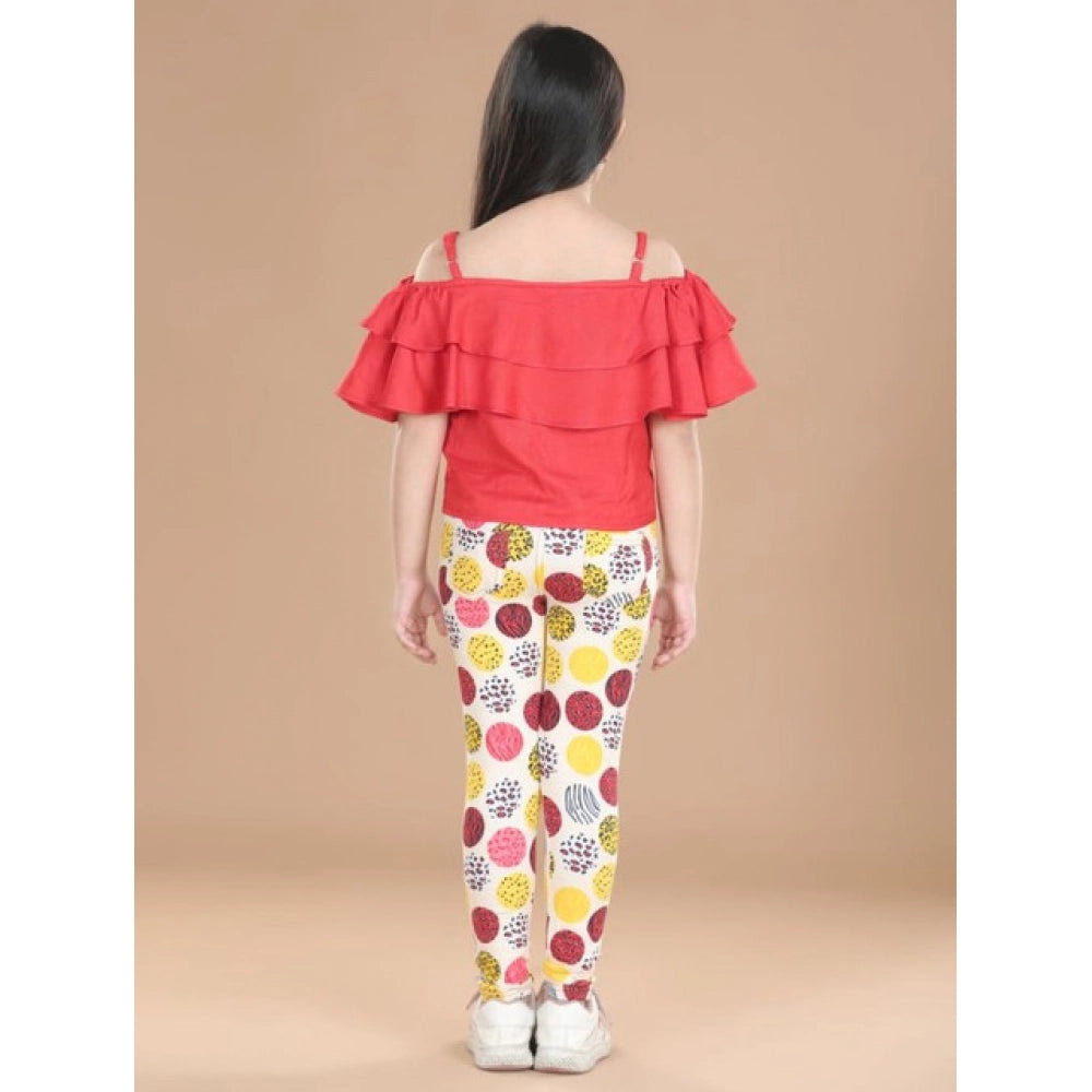 Generic Girl's Cotton Floral Elasticated Jegging and Top Set (Red)
