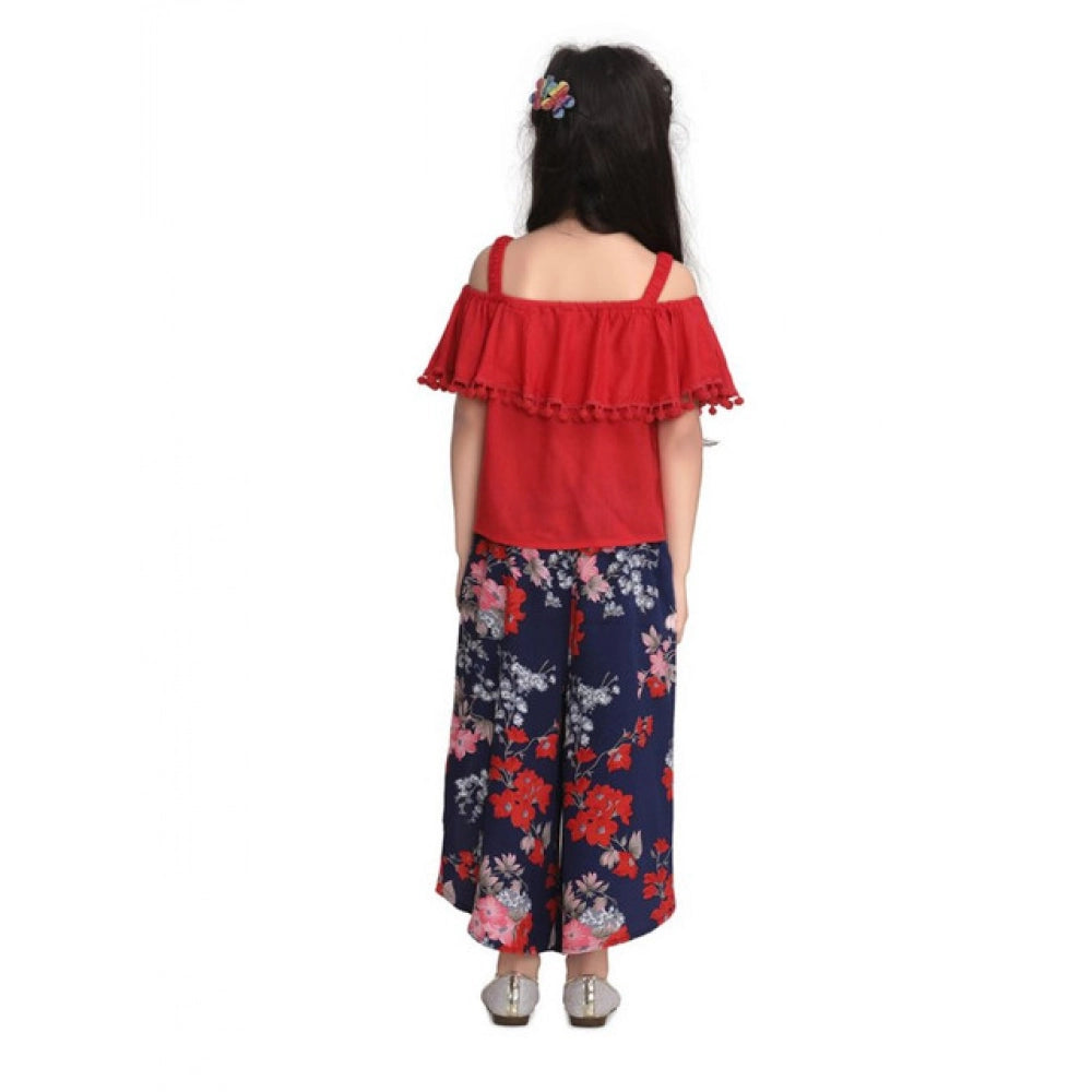 Generic Girl's Rayon Crepe Printed Cold Shoulder Top and Pants Set (Red-Navy)