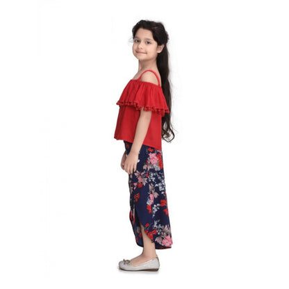 Generic Girl's Rayon Crepe Printed Cold Shoulder Top and Pants Set (Red-Navy)