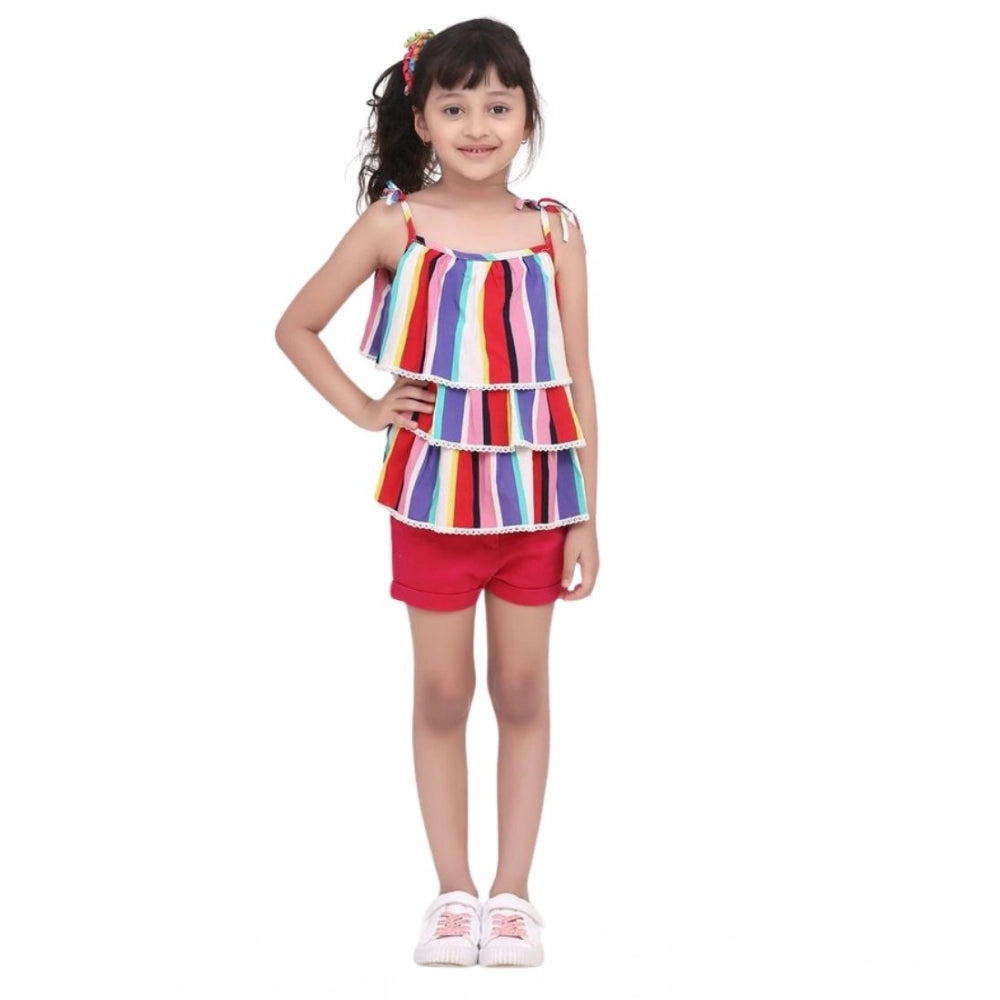 Generic Girl's Polyester Crepe Striped Tie Ups Shorts Set (Multicolor)