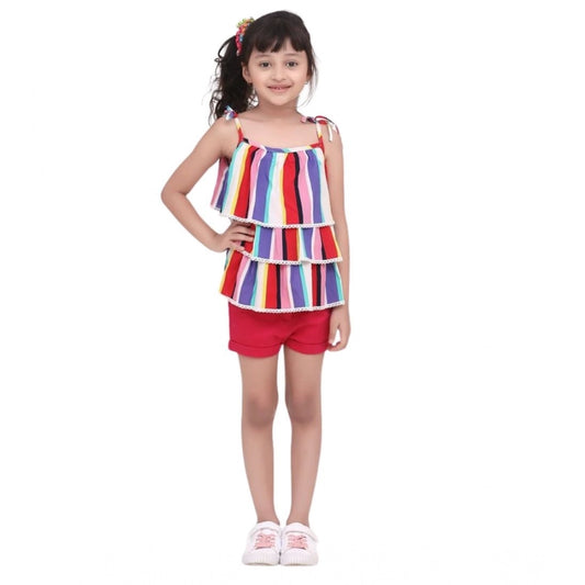 Generic Girl's Polyester Crepe Striped Tie Ups Shorts Set (Multicolor)