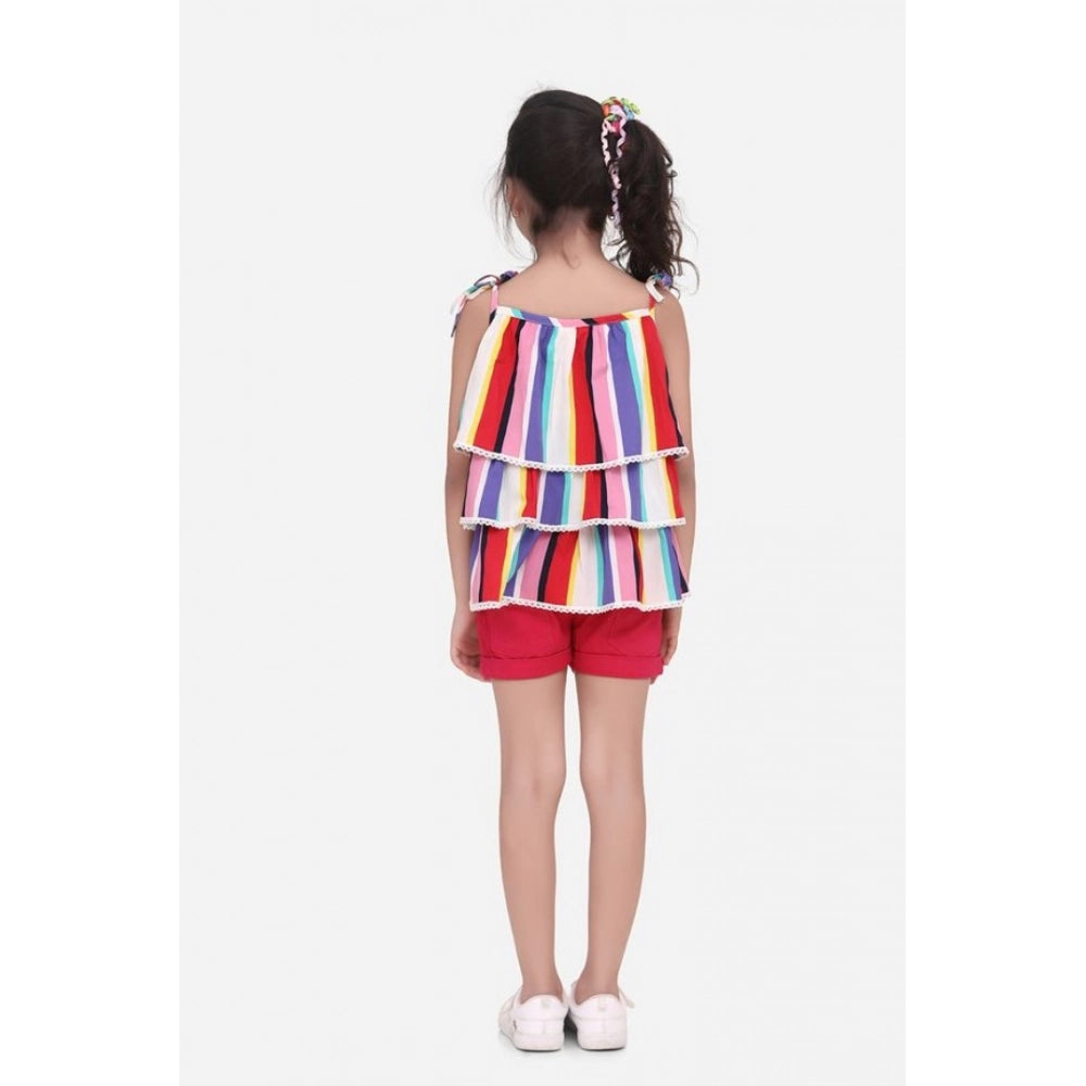 Generic Girl's Polyester Crepe Striped Tie Ups Shorts Set (Multicolor)