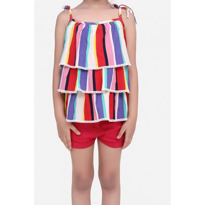 Generic Girl's Polyester Crepe Striped Tie Ups Shorts Set (Multicolor)