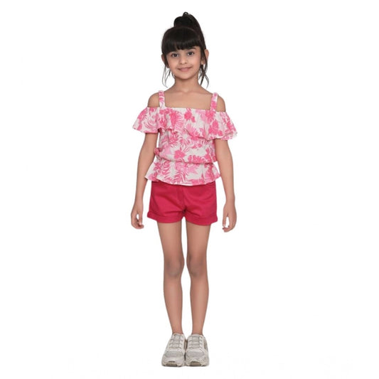 Generic Girl's Cotton Floral Cold Shoulder Top and Shorts Set (Pink-Red)