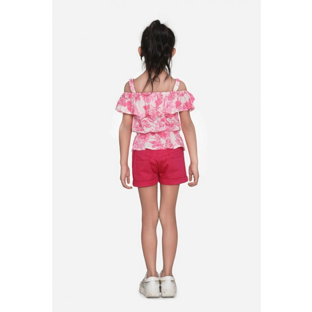 Generic Girl's Cotton Floral Cold Shoulder Top and Shorts Set (Pink-Red)
