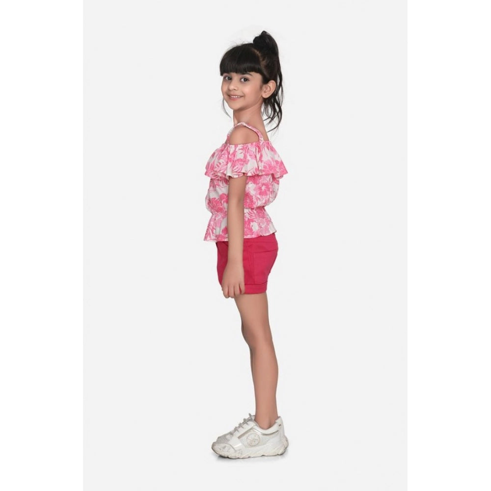 Generic Girl's Cotton Floral Cold Shoulder Top and Shorts Set (Pink-Red)