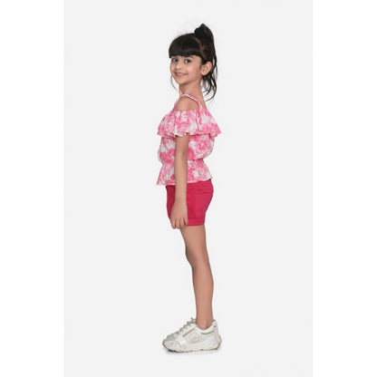 Generic Girl's Cotton Floral Cold Shoulder Top and Shorts Set (Pink-Red)