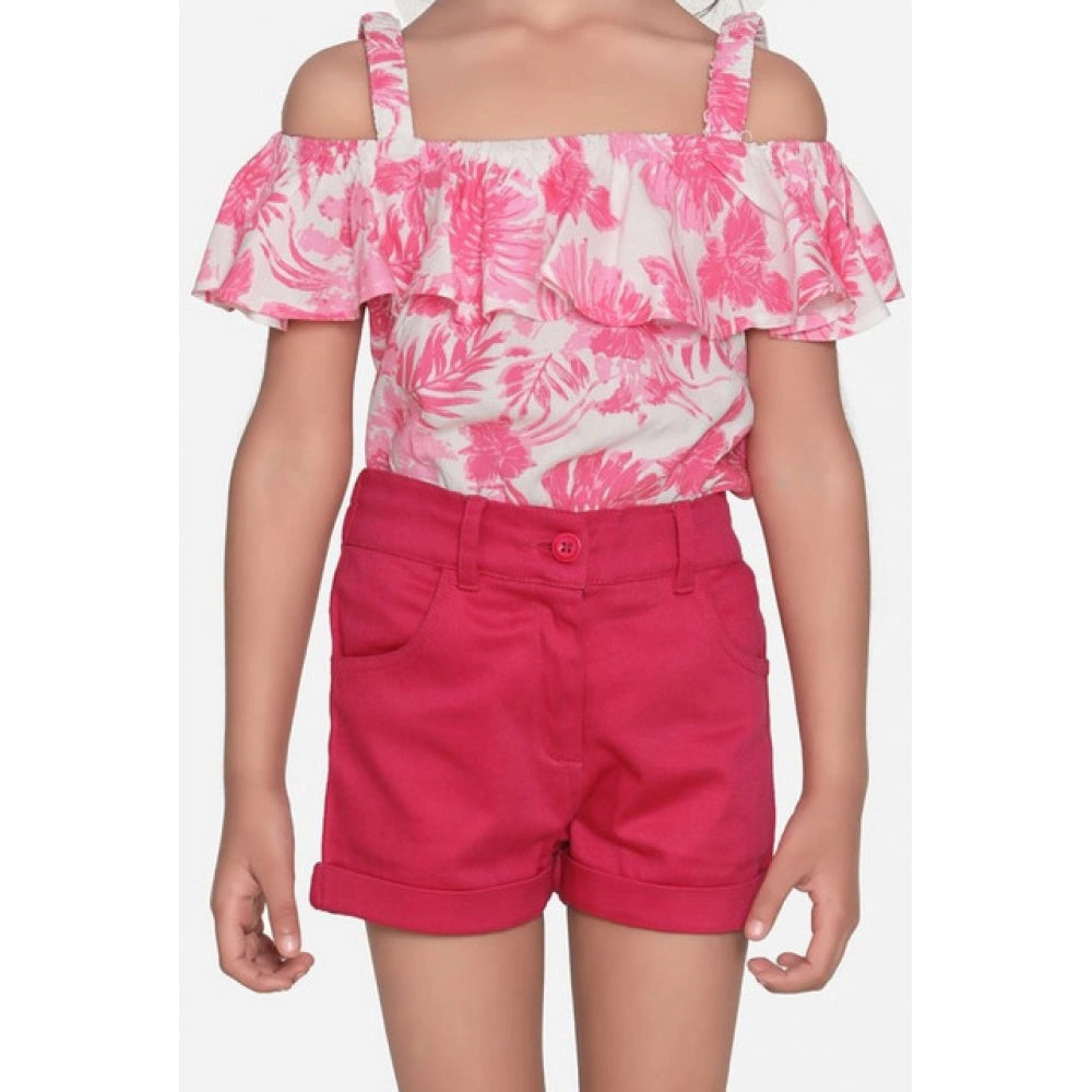 Generic Girl's Cotton Floral Cold Shoulder Top and Shorts Set (Pink-Red)