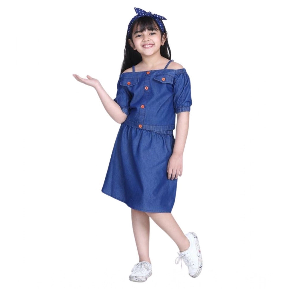 Generic Girl's Denim Solid Cold Shoulder Top and Skirt Set (Navy Blue)