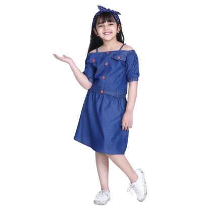 Generic Girl's Denim Solid Cold Shoulder Top and Skirt Set (Navy Blue)