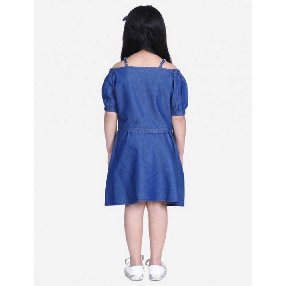 Generic Girl's Denim Solid Cold Shoulder Top and Skirt Set (Navy Blue)