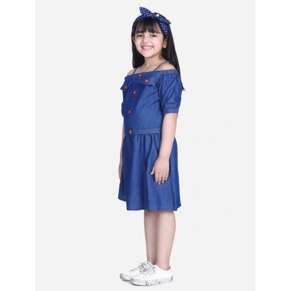 Generic Girl's Denim Solid Cold Shoulder Top and Skirt Set (Navy Blue)