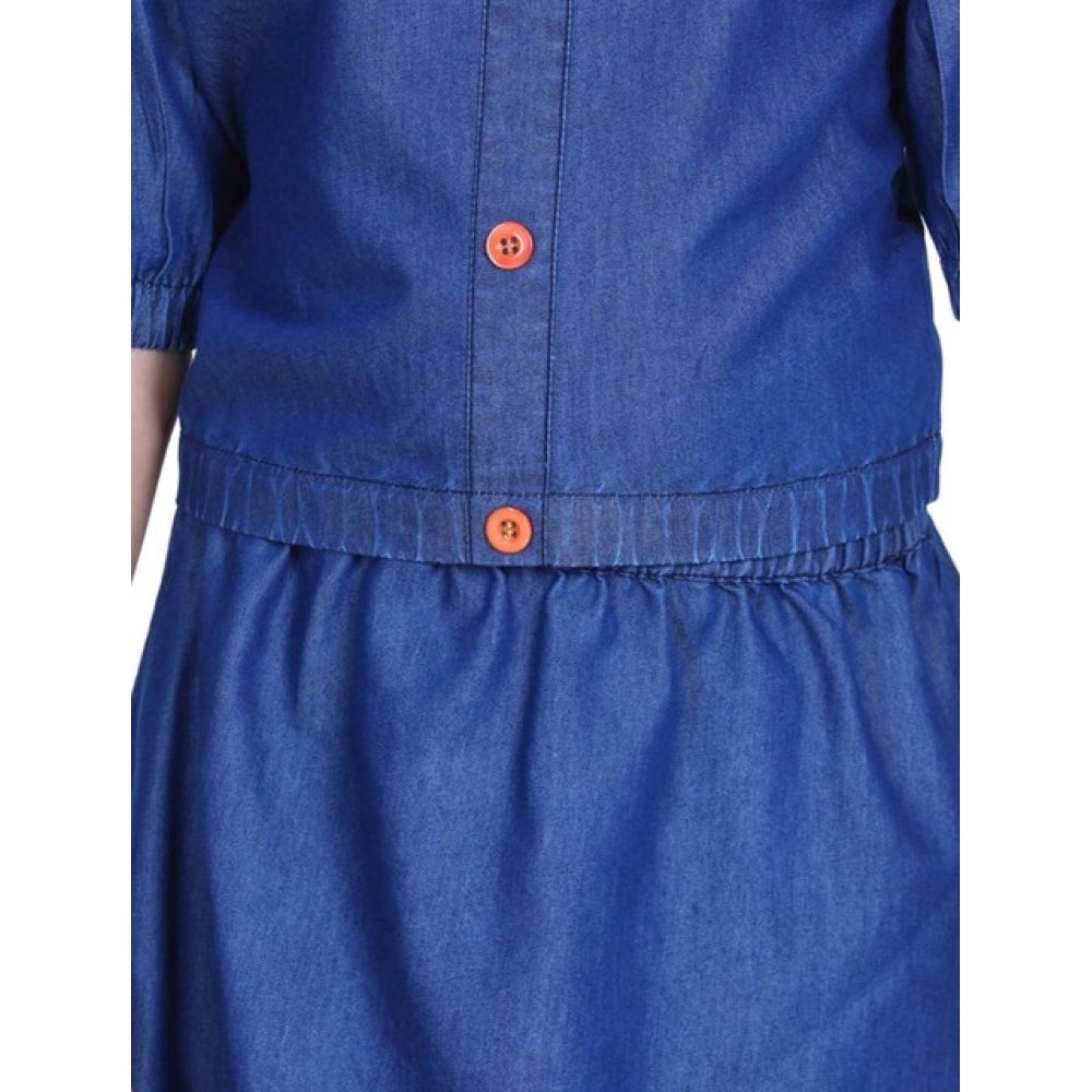 Generic Girl's Denim Solid Cold Shoulder Top and Skirt Set (Navy Blue)