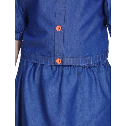 Generic Girl's Denim Solid Cold Shoulder Top and Skirt Set (Navy Blue)