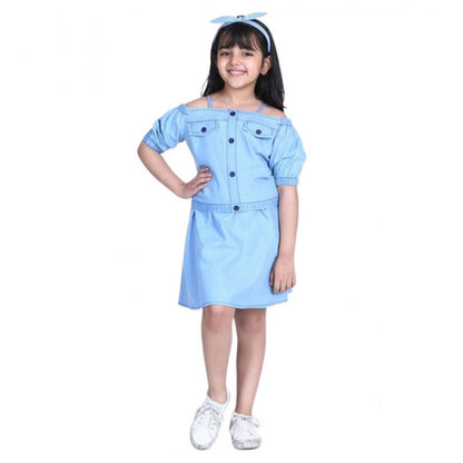 Generic Girl's Denim Solid Cold Shoulder Top and Skirt Set (Light Blue)