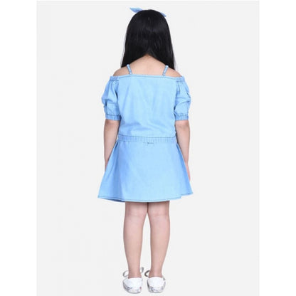 Generic Girl's Denim Solid Cold Shoulder Top and Skirt Set (Light Blue)