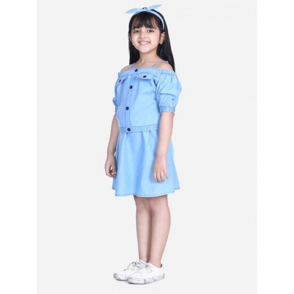 Generic Girl's Denim Solid Cold Shoulder Top and Skirt Set (Light Blue)