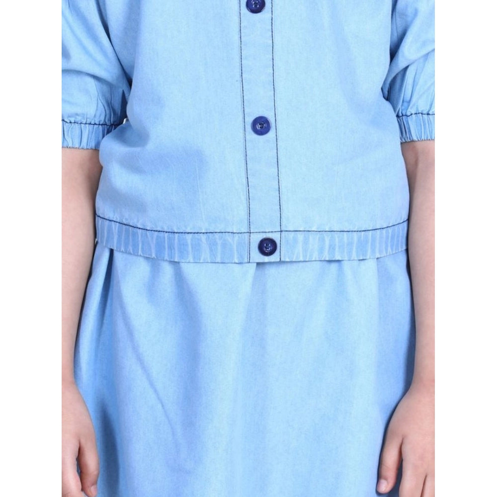 Generic Girl's Denim Solid Cold Shoulder Top and Skirt Set (Light Blue)
