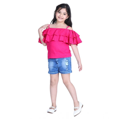 Generic Girl's Rayon Solid Cold Shoulder Top with Shorts (Pink-Blue)