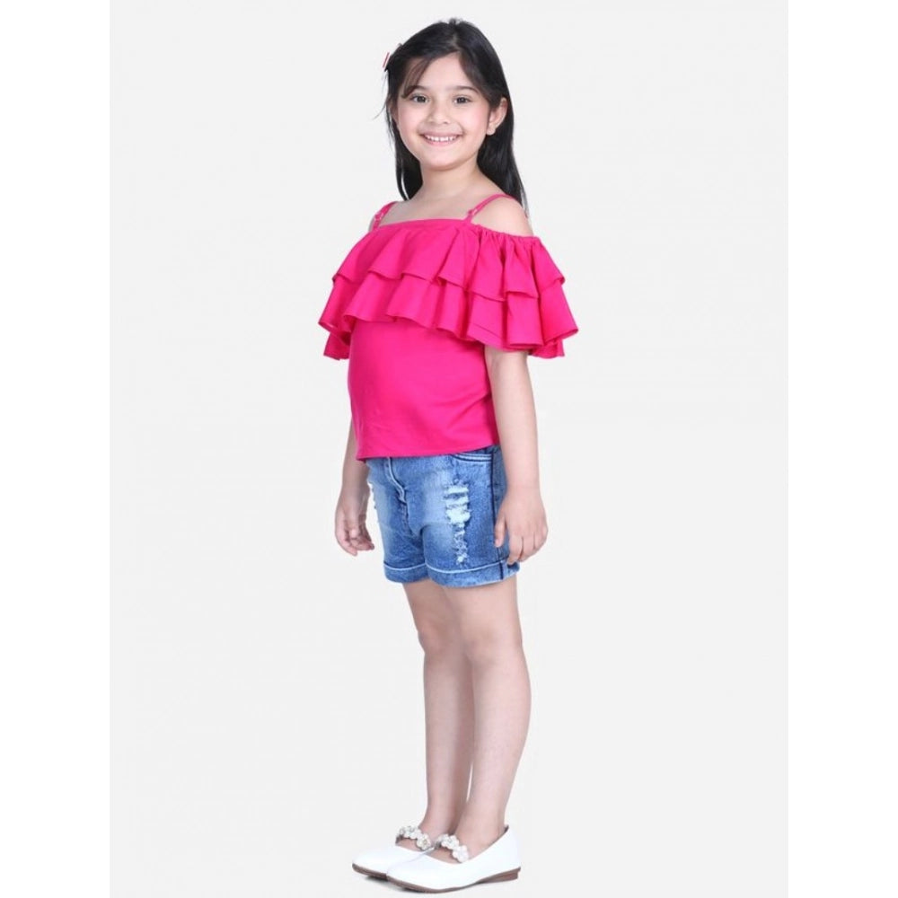 Generic Girl's Rayon Solid Cold Shoulder Top with Shorts (Pink-Blue)