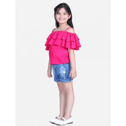 Generic Girl's Rayon Solid Cold Shoulder Top with Shorts (Pink-Blue)