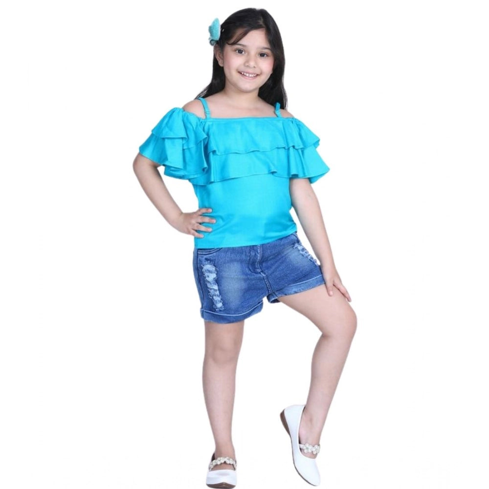 Generic Girl's Rayon Solid Cold Shoulder Top with Shorts (Blue)