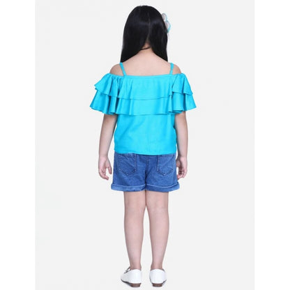 Generic Girl's Rayon Solid Cold Shoulder Top with Shorts (Blue)