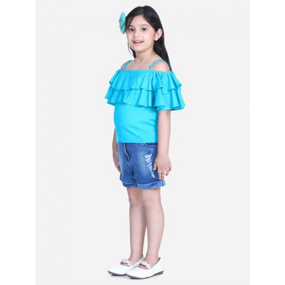 Generic Girl's Rayon Solid Cold Shoulder Top with Shorts (Blue)