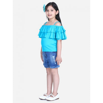 Generic Girl's Rayon Solid Cold Shoulder Top with Shorts (Blue)