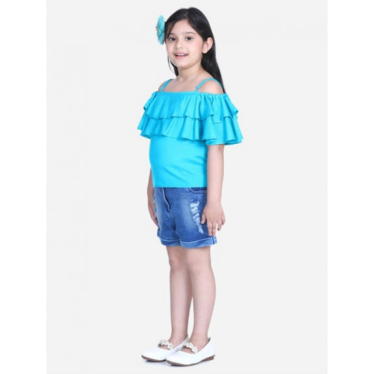 Generic Girl's Rayon Solid Cold Shoulder Top with Shorts (Blue)