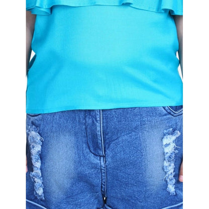 Generic Girl's Rayon Solid Cold Shoulder Top with Shorts (Blue)