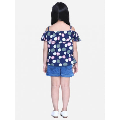 Generic Girl's Rayon Solid Cold Shoulder Top with Shorts (Navy Blue)