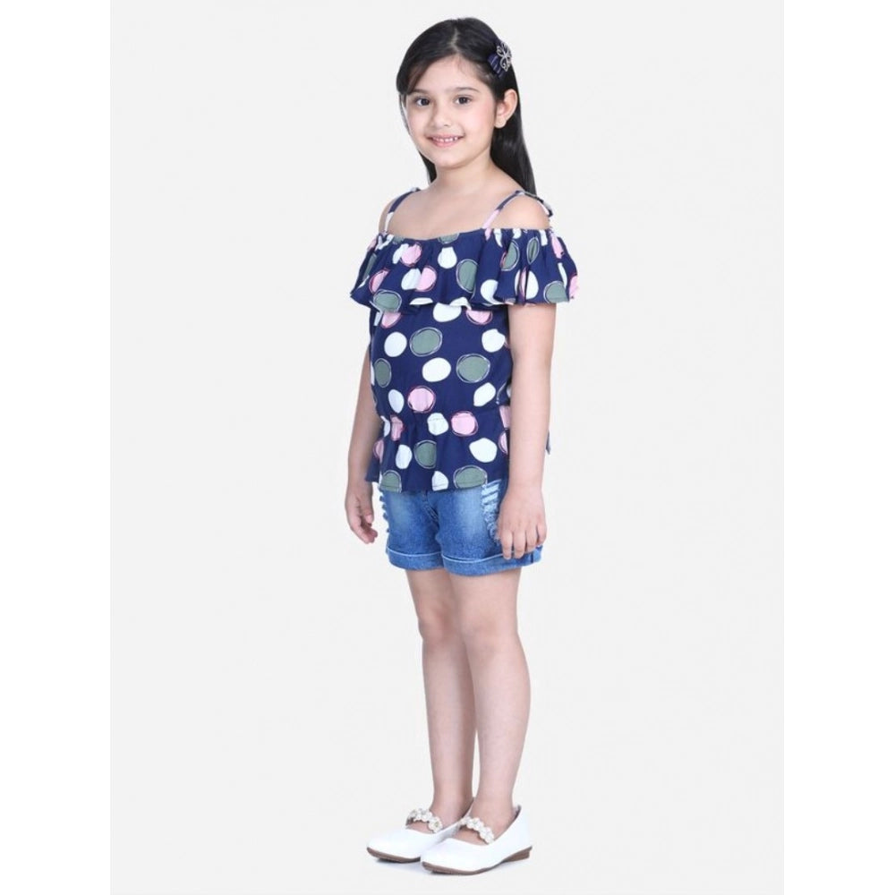 Generic Girl's Rayon Solid Cold Shoulder Top with Shorts (Navy Blue)
