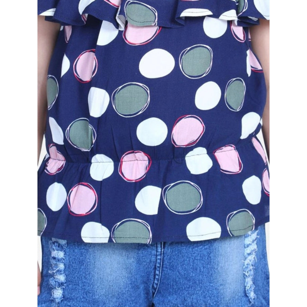 Generic Girl's Rayon Solid Cold Shoulder Top with Shorts (Navy Blue)