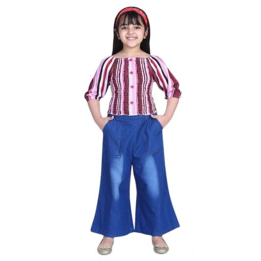 Generic Girl's Rayon Solid Bell Sleeve Top with Culottes (Purple-Blue)
